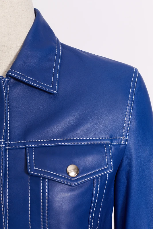 2024 Hiqh quality crop blue women leather motorcycle jacket