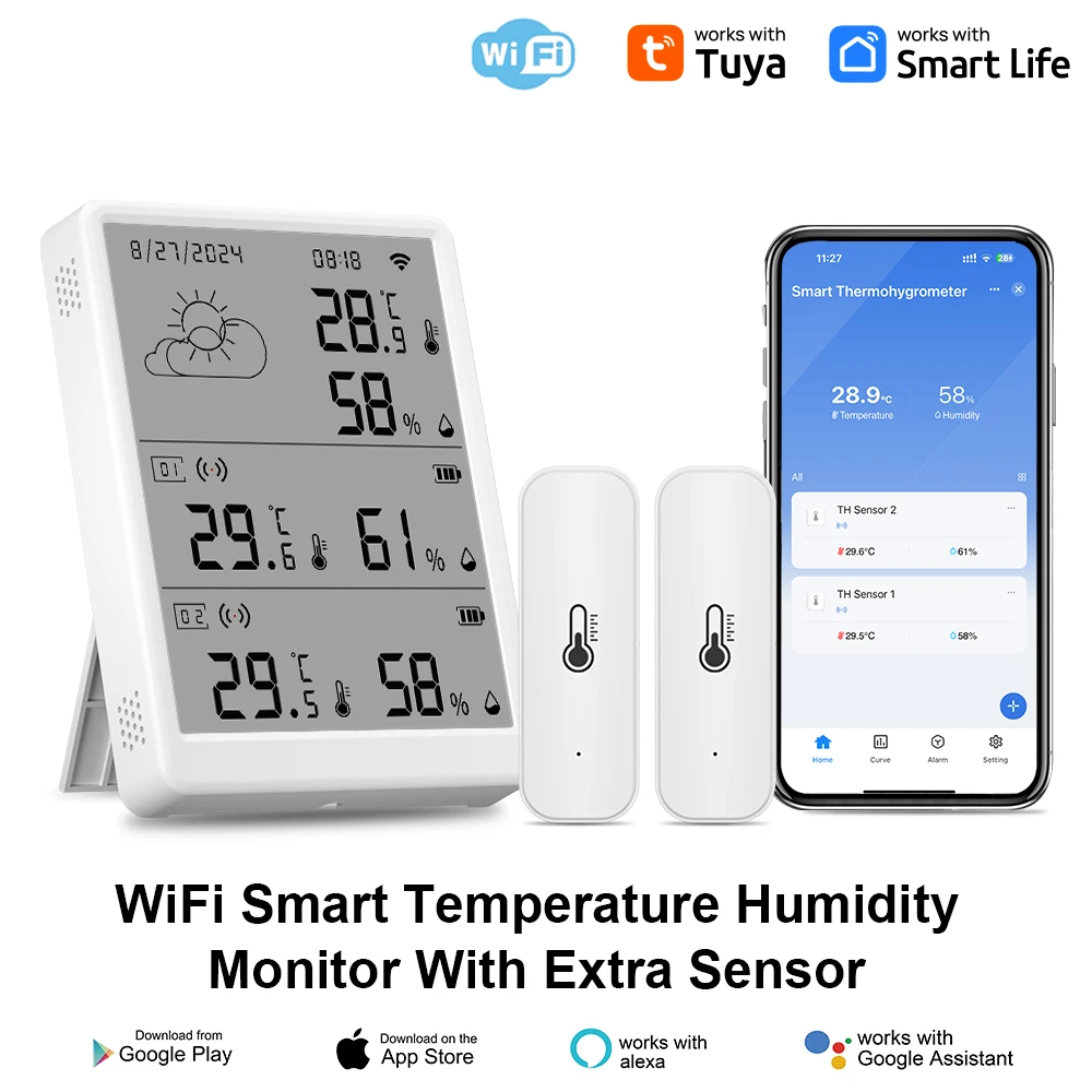 Tuya WIFI Weather Station Big LCD Screen Display Temperature&Humidity Monitor compatible with RF433 Temperature humidity sensor