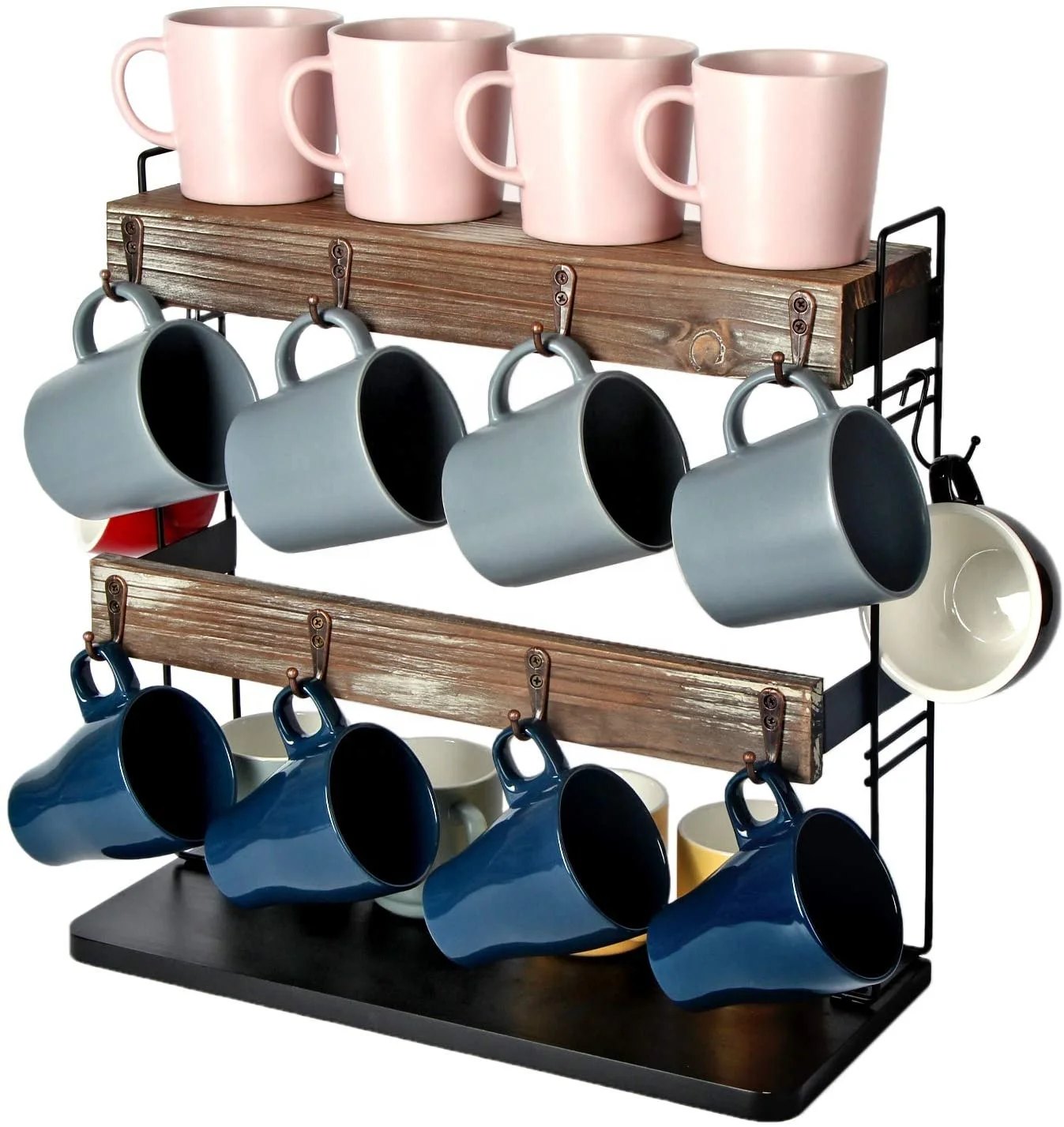 Rustic Wood Countertop 2 Tier Coffee Mug Cup Rack Holder Stand with Metal Frame and Wooden Shelf for Coffee Decor