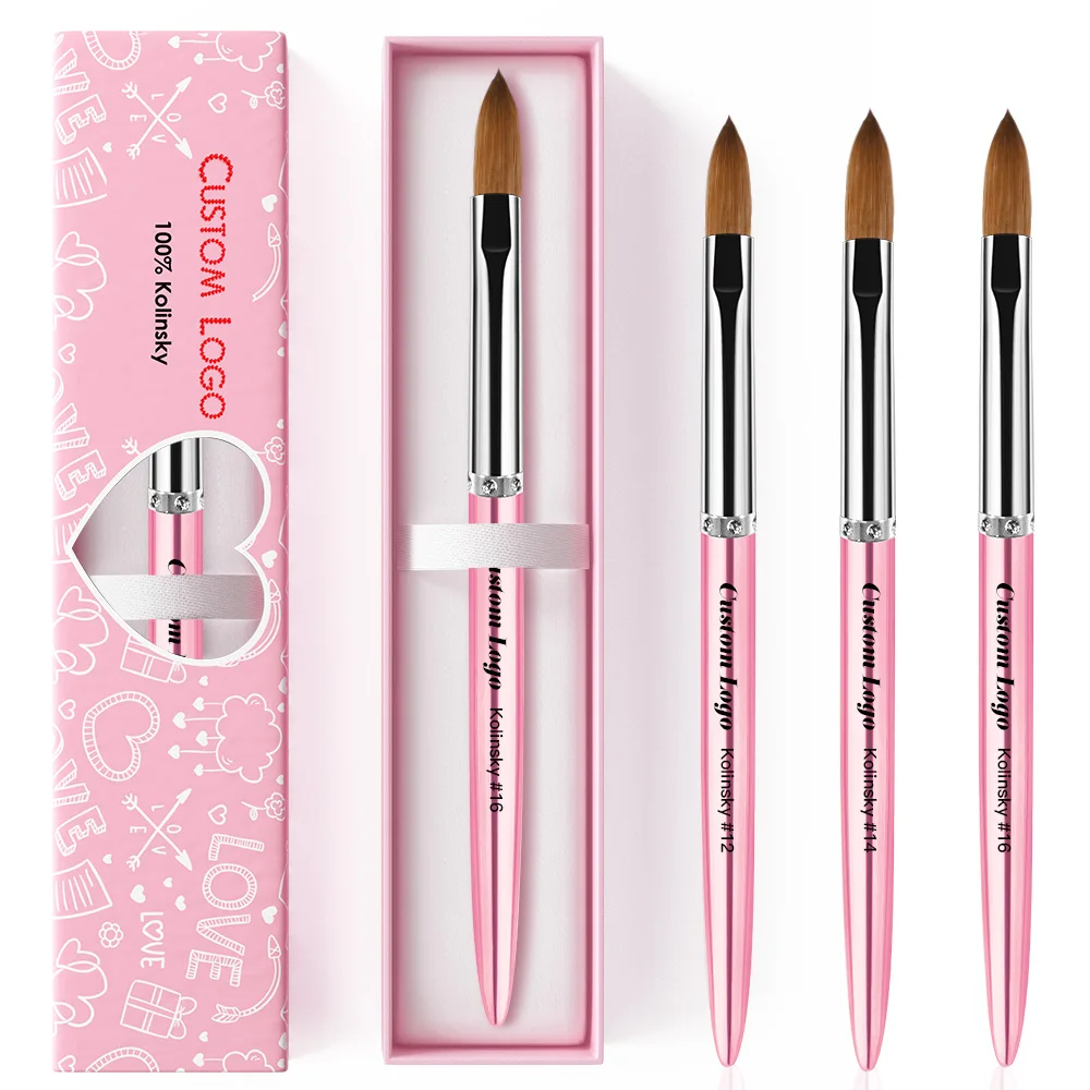 New Arrival  the Best Seller Nails Brush Acrylic Kolinsky 100% Sable Bristles Metal Handle PINK Diamond Nail Brushes for Acrylic
