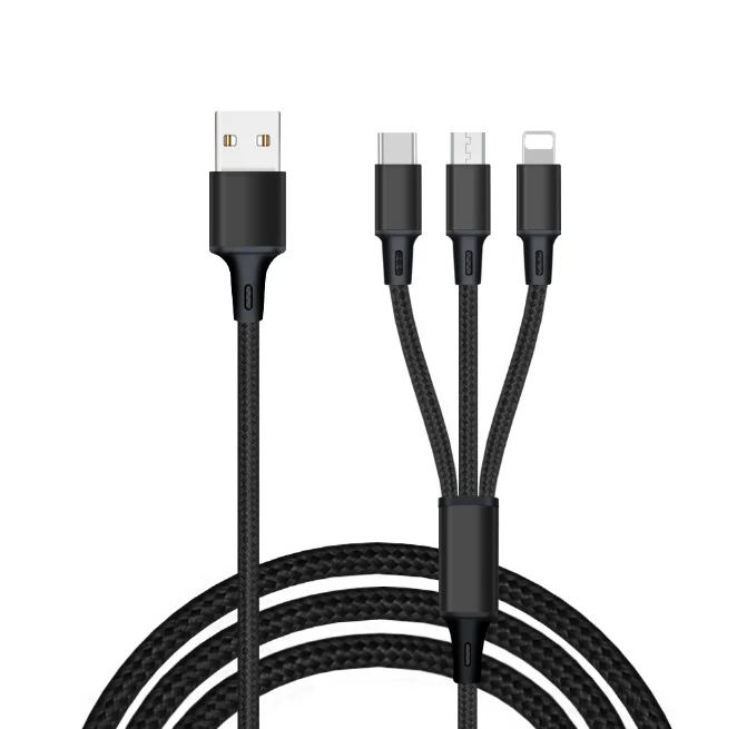 Оптовая продажа 3 in1 Usb кабель с нейлоновой оплеткой Usb кабель для передачи данных-адаптер объектива для камер micro /lightning/type-c 2.4A быстрой зарядки 1,2 m Multi кабель для зарядки телефона