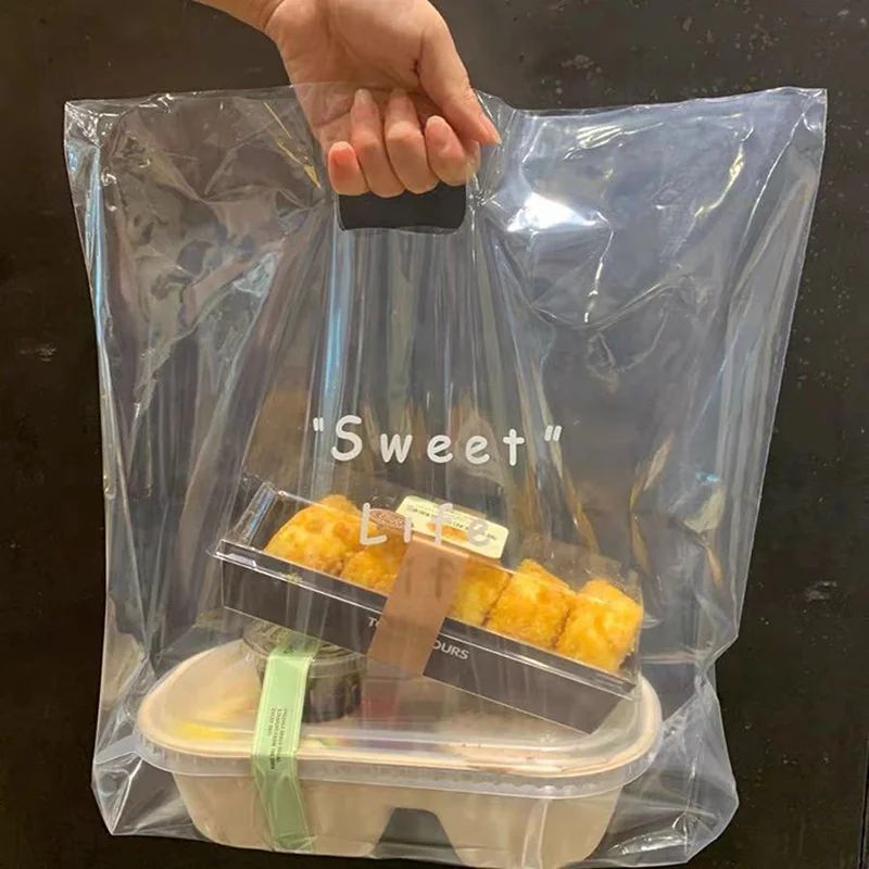 Customized Wholesale New Styles Bakery Dessert Cookies Cake Bread Candy Transparent Waterproof Handle Plastic Bags