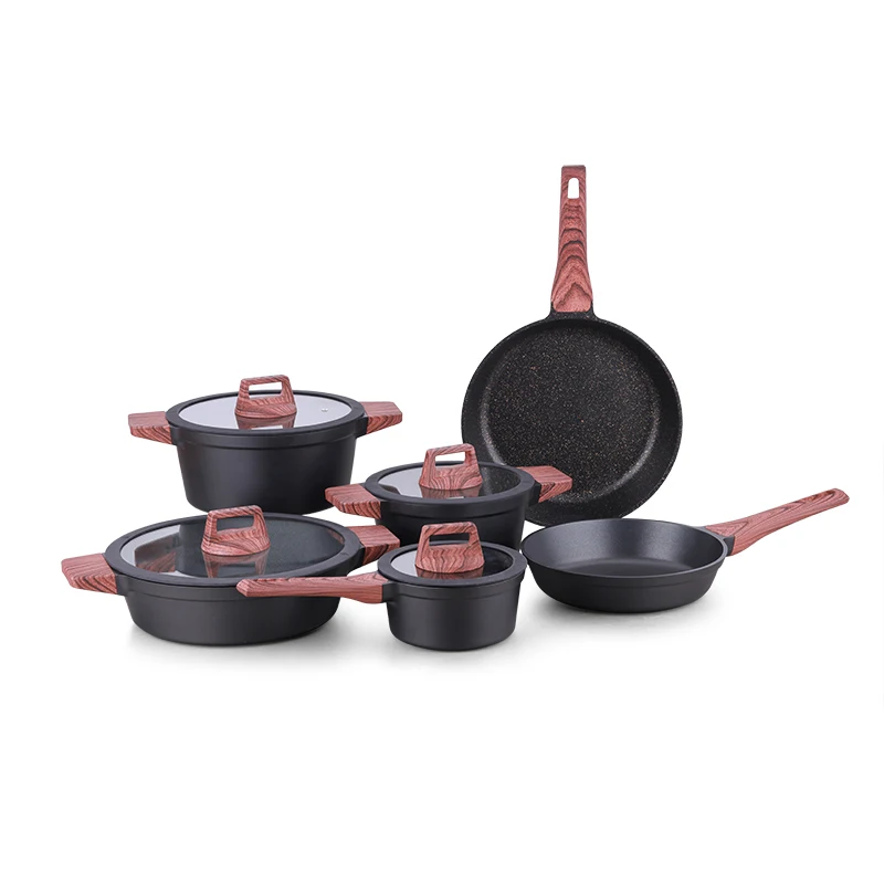 OEM литые кастрюли и сковороды алюминиевая кухонная посуда для приготовления пищи антипригарная с деревянным