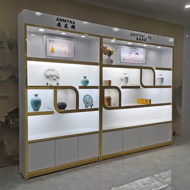 Customized White Cosmetic Store Shelves Fixtures Beauty Skincare Products Shop Wall Shelf Showcase With Led Light