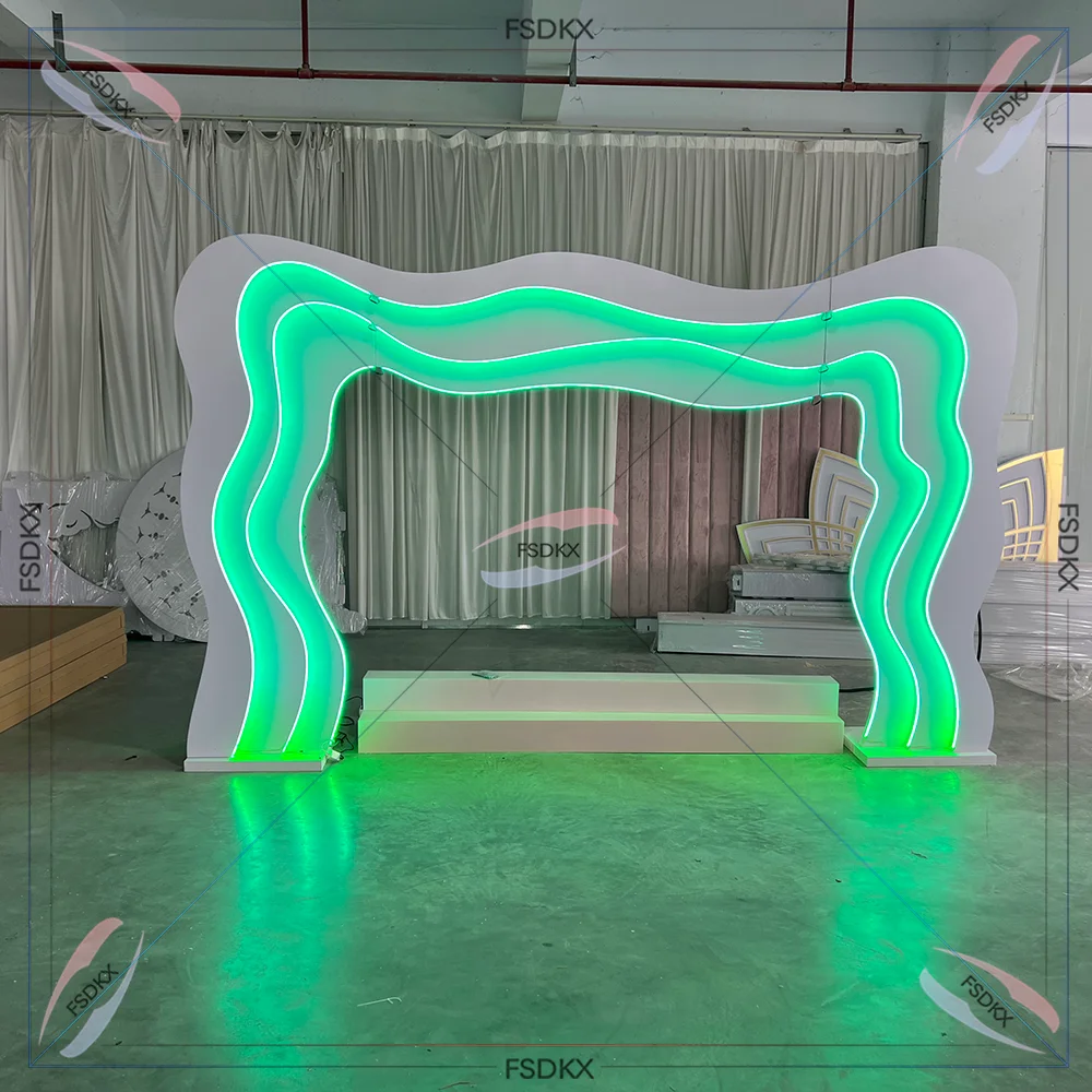 Luxury White Arch 3D Flower PVC Arch Wedding Stage Curved Backdrop Carved Frame With Led On Sales