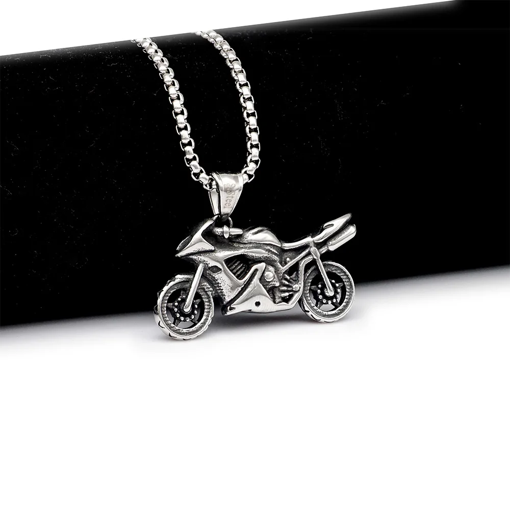 Creative Design Super Cool Rock Hip Hop Non Tarnish Hypoallergenic Silver Stainless Steel Motorcycle Necklace Jewelry