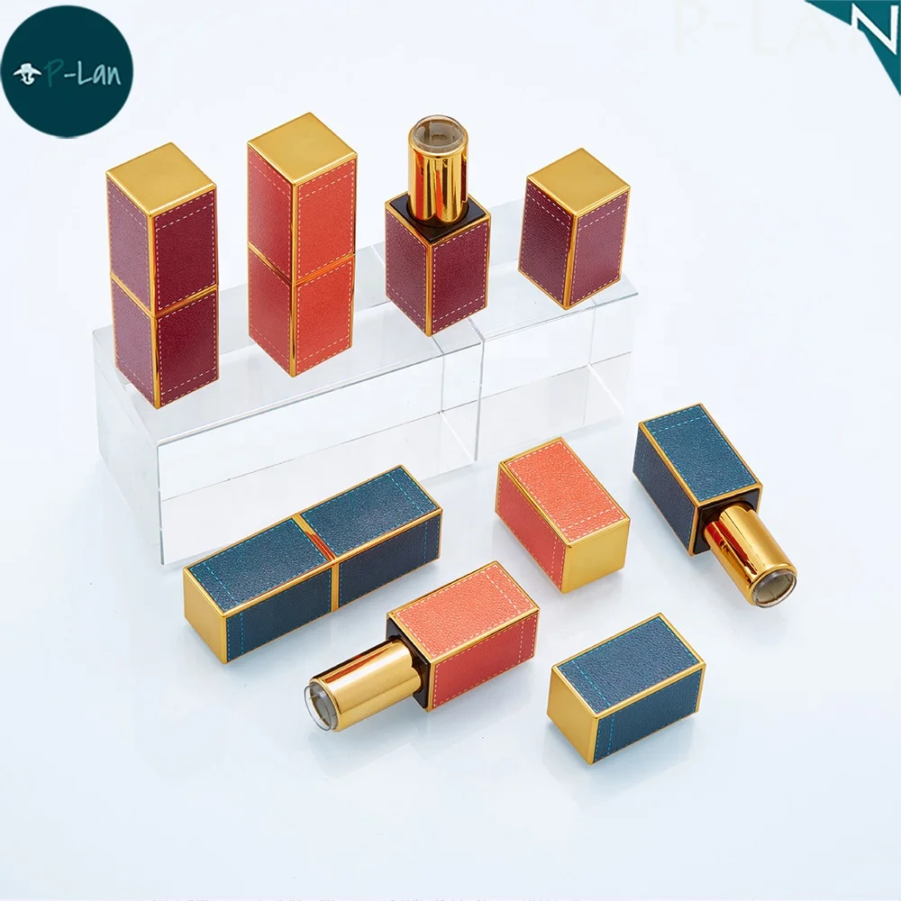P-Lan Stock High Quality 3D Leather Printed D12.1MM Lipstick Tube Custom Logo Red Orange Green Empty Magnet Lipstick Container