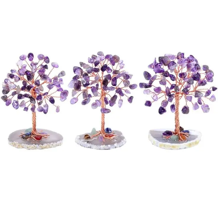 High-Quality Mini Crystal Money Tree with Copper Wire Wrap Agate Sliced Base Feng Shui Home Decor