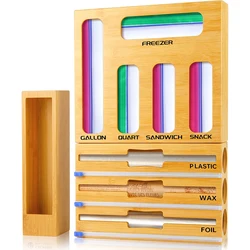 9 in 1 Bamboo Ziplock Bag Storage Organizer Foil and Plastic Wrap Organizer Dispenser With Cutter