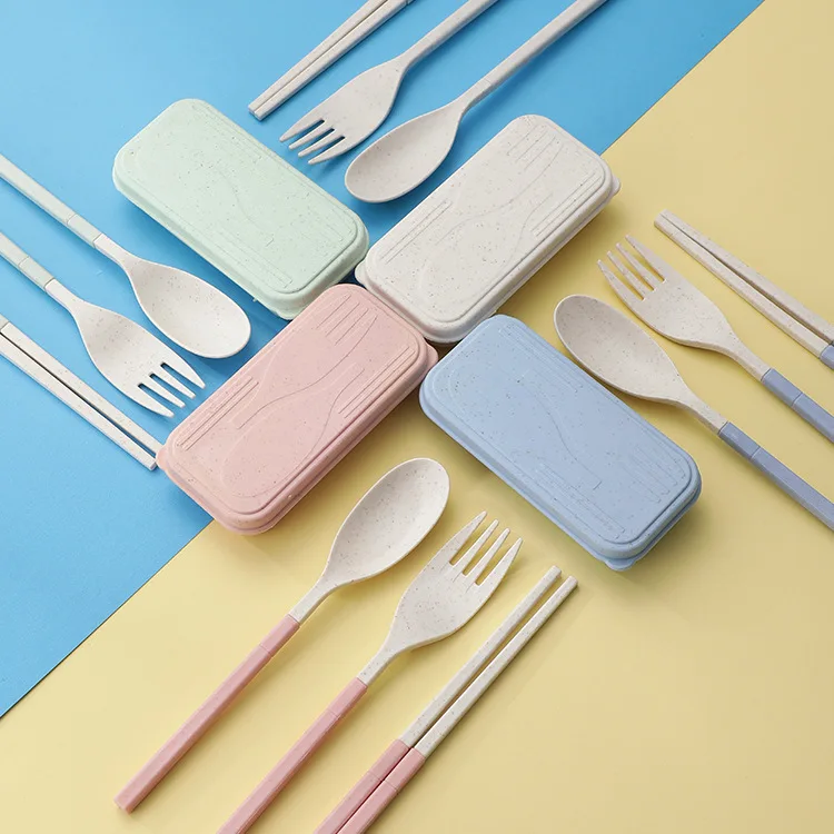 Wholesale Wheat Straw Portable Flatware Set Foldable Chopsticks Spoon Fork Dinnerware Set with Durable Storage Box for Kids