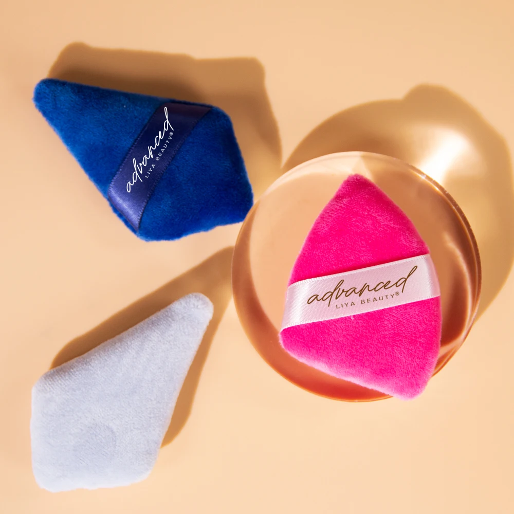 New Arrival Olive Velour Face Powder Makeup Puff With Ribbon Private Label Royal Blue Cotton Cosmetic Tools Set