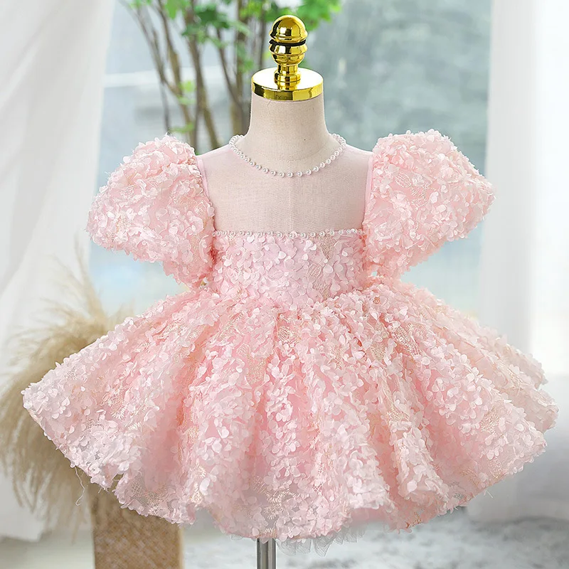 Boutique Fall Pink Beaded Puff Sleeve Flower Girls Wedding Dresses Frock Toddler Kids Pageant Party Gown Baby Casual Clothes