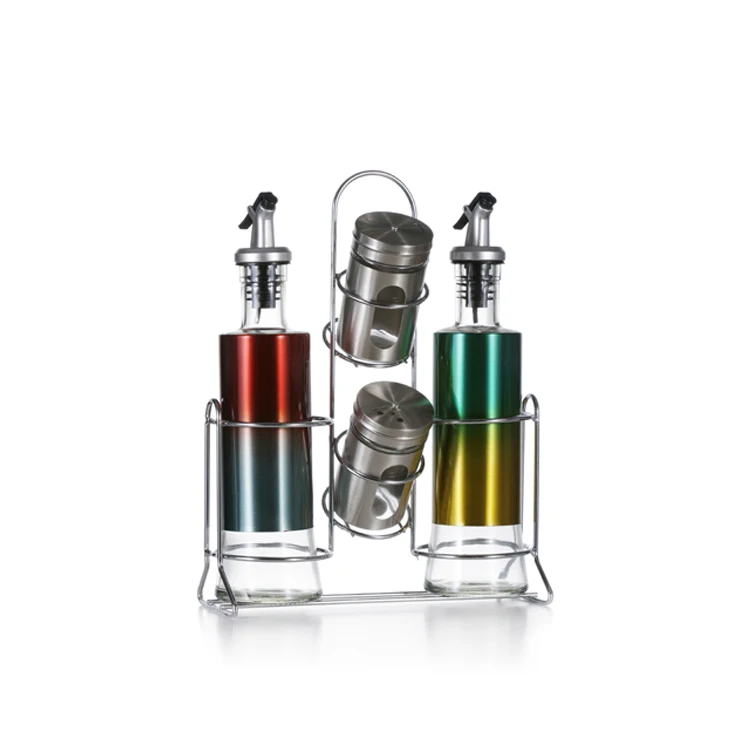 Stainless Steel Rotary Spice Jar Set 4 Glass Condiment Pot/bottle With Spice Rack