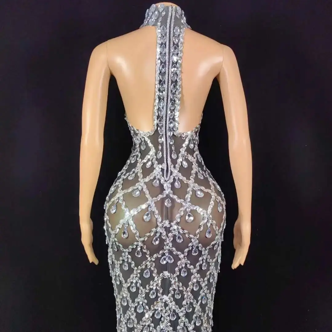 Shining Rhinestone Birthday Long Dress Women Sexy Drag Queen Outfit Stage Performance Wear Backless Nightclub Costume