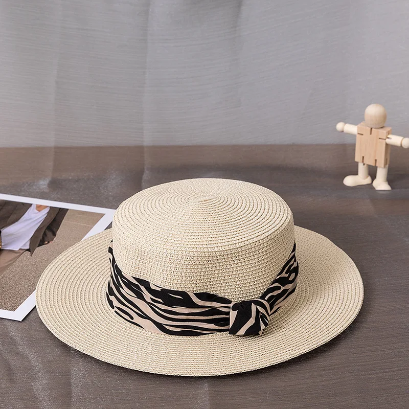 Wholesale Lady Boater Sun Hat Flat Top Straw Beach Hat Round Summer Sun Panama Hat Women