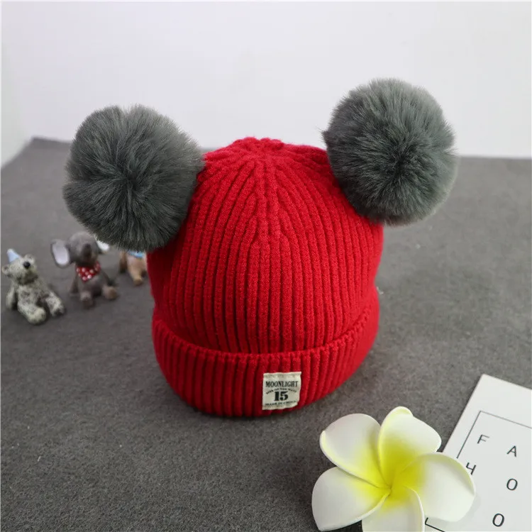 autumn winter kids pompom beanie hat baby winter cap with double ball marks 15 warm knit hat