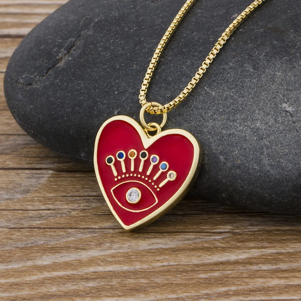New Fashion Lucky Turkish Evil Eye Heart Necklace Gold Color Long Chain Copper CZ Pendant Charm Gift Jewelry for Women Girls