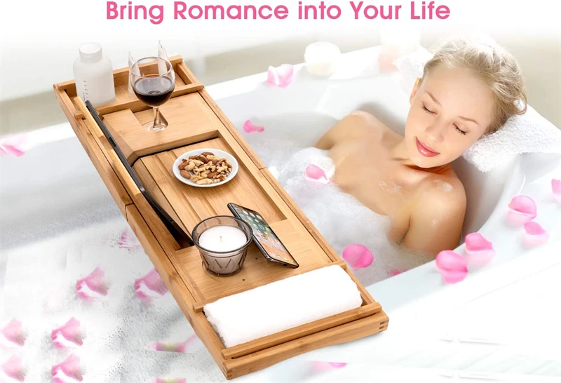 Wholesale Natural Bamboo Luxury Bathtub Caddy Tray with Extending Sides and Foldable Legs