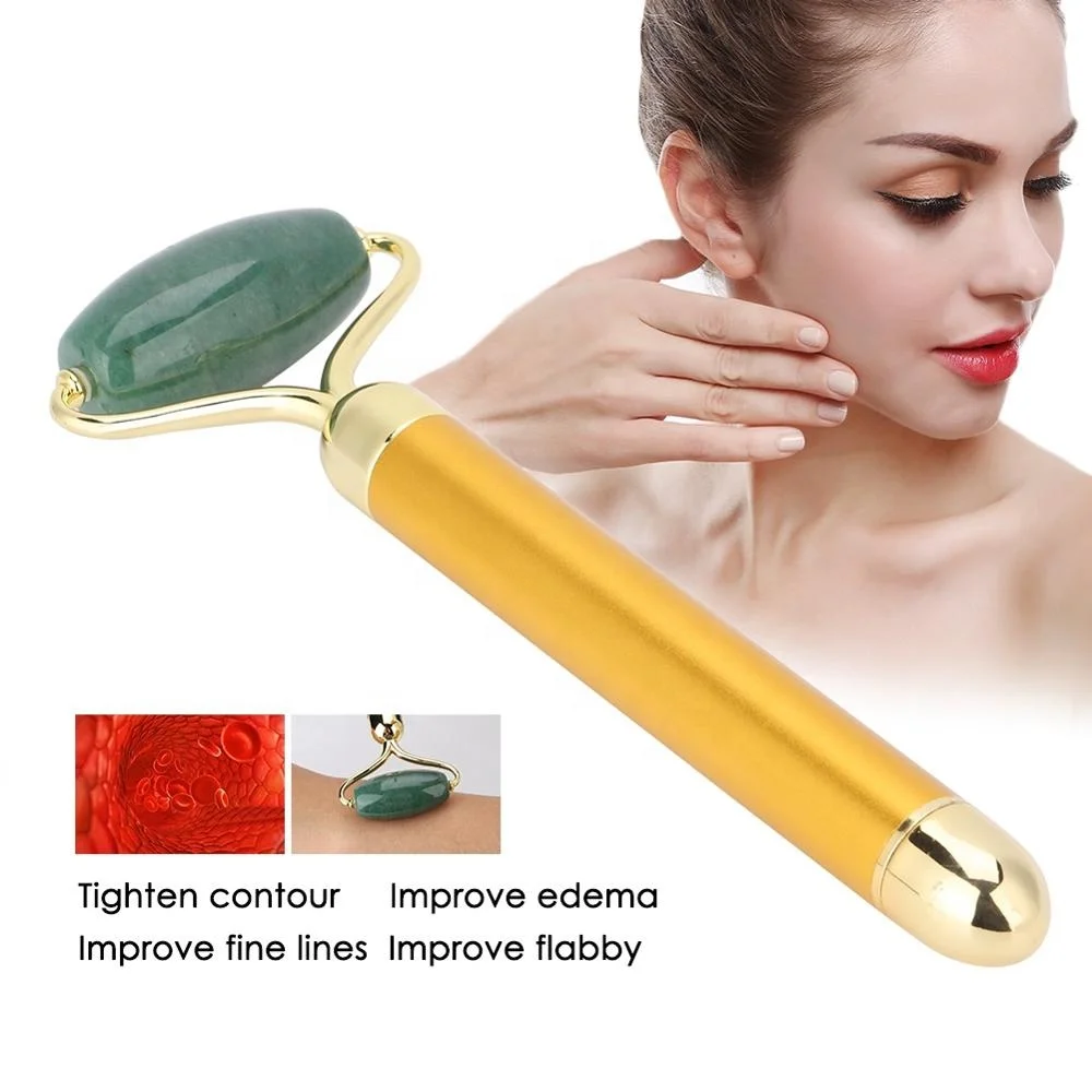 Pink Rose Quartz Vibration facial Massage Skin Lifting Golden Electronic Face Jade Roller