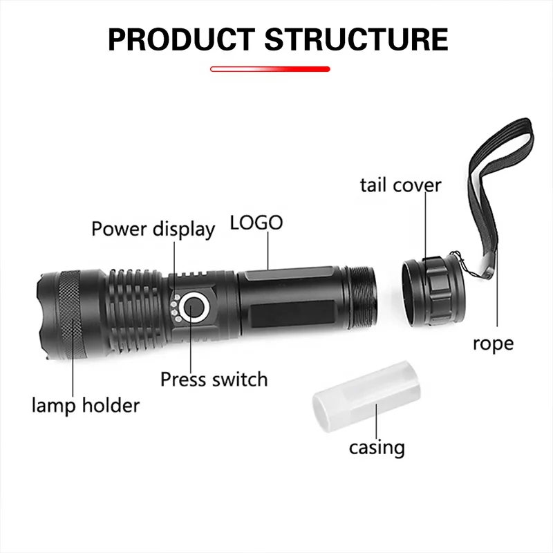 Factory Wholesale XHP50 led Flashlight Rechargeable Zoomable 18650 26650 Camping Mini High Power Handheld Torch Light Lamp