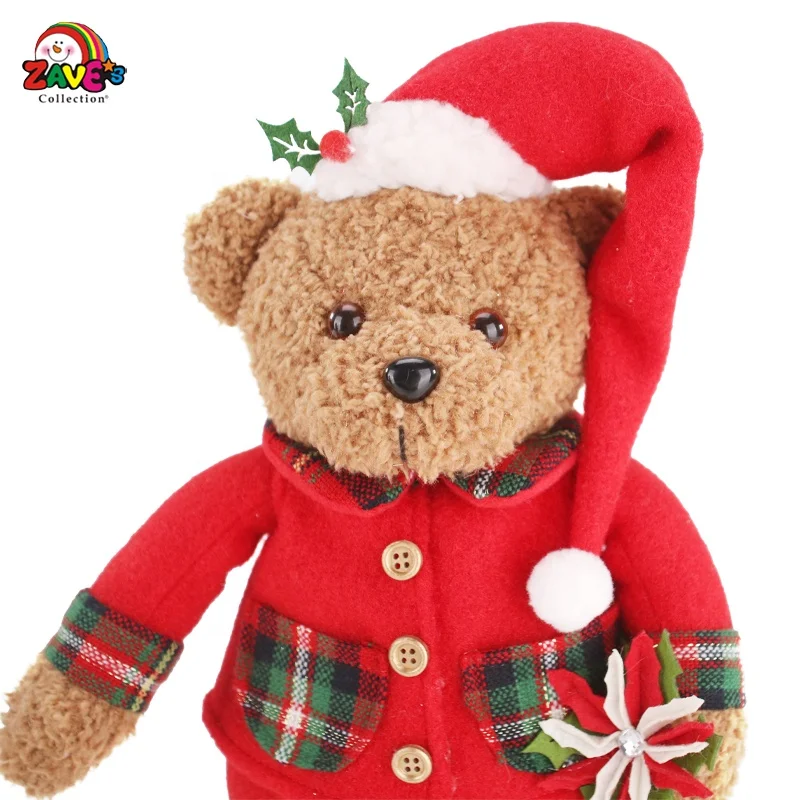 13-In Teddy Bear Pair in Plaid Pajama Cute Soft Standing Ornament for Christmas Home Decor