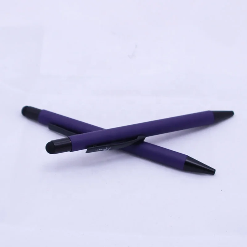 Advertising capacitive creative gift stylus tip pen metal soft rubberized grip purple ballpoint pen student school
