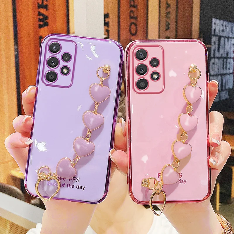 Love Heart Wrist Chain Phone Case For Samsung A32 A31 A51 A71 A21S A52 A72 A50 A70 A20 A30 plating tpu soft cover