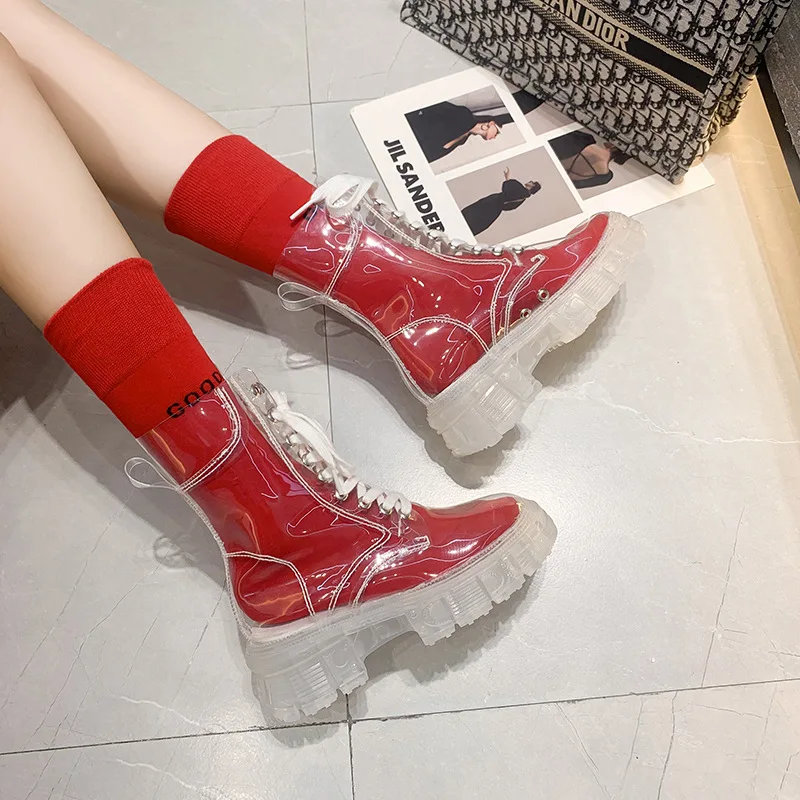 Fashion Waterproof Transparent Ankle Boots Women Shoes Candy Colors Street Wear Martin Platform Boots Female