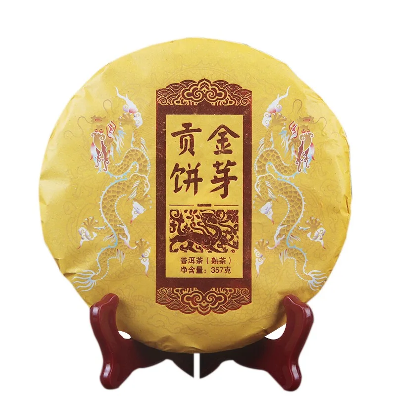 Hot selling Chinese shu puer tea cake 357 gram golden buds royal cake ripe Puerh Yunnan qi zi bing cha OEM order