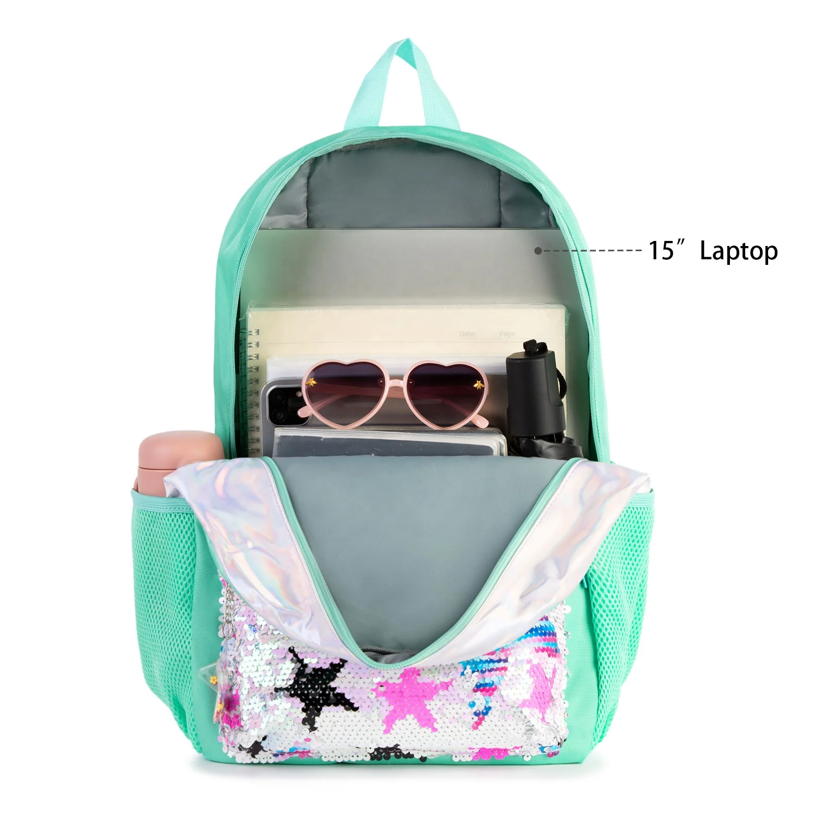 Street Fashion 15 Inch Green Sequin Stars Teenagers Children Kid Backpack School Bags Girls