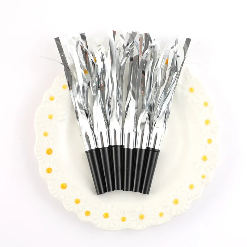 6PCS Party Blowers Whistles Blowouts Glitter Metallic Fringed Noise Makers Gold Musical Blowouts Squawker Whistles for Party