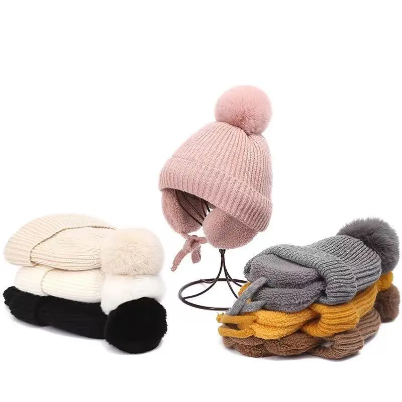 Ruimantike    Wholesale Cute Earflap Hat Beanie Cold Winter Child Kids Baby Knit Hat with Fur Pom Pom Ball