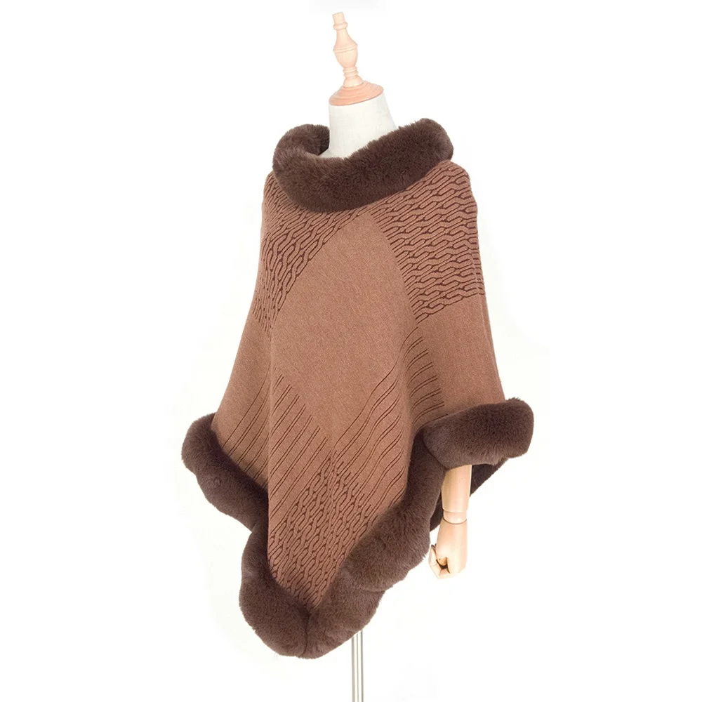 
Wholesale Faux Rabbit Collar Pullover Knitted Cape Ladies Wool Crochet Fur Poncho Sweater Women Winter Shawl Wrap 