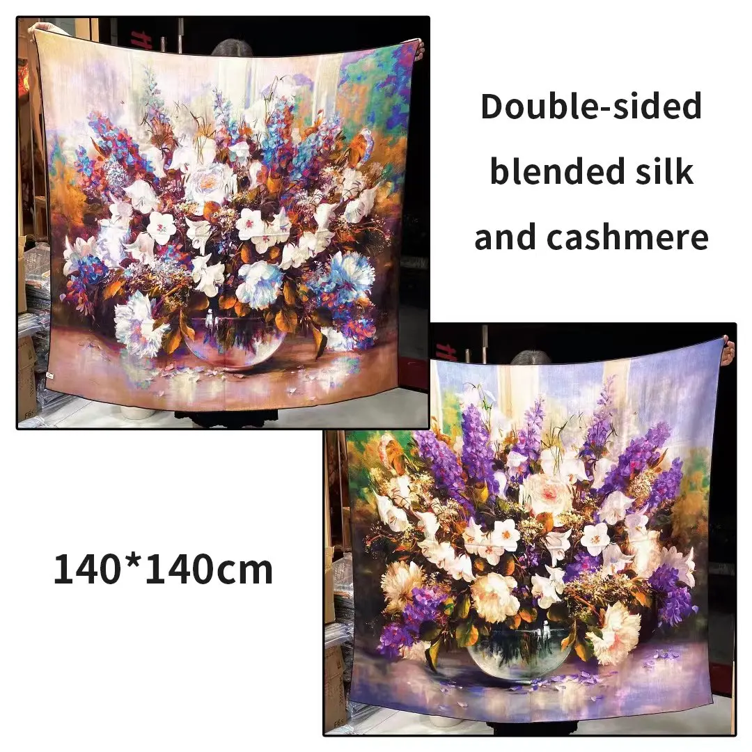Luxury Large Shawls 140*140 Double-sided Blended Silk And Cashmere Scarf For Women