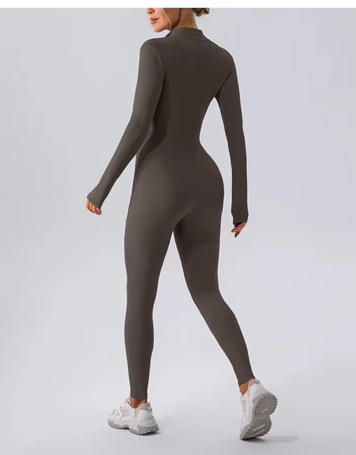 Yoke Long Sleeve Zip Bodysuits Light Jumpsuit With Tummy Control Rompers Yoga Shorts for Winter Workout Jumpsuits for Women
