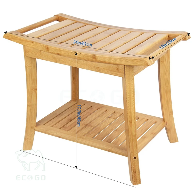 Bamboo shower stool shower bench spa seat with 2-tier storage racks shelf for indoor & outdoor