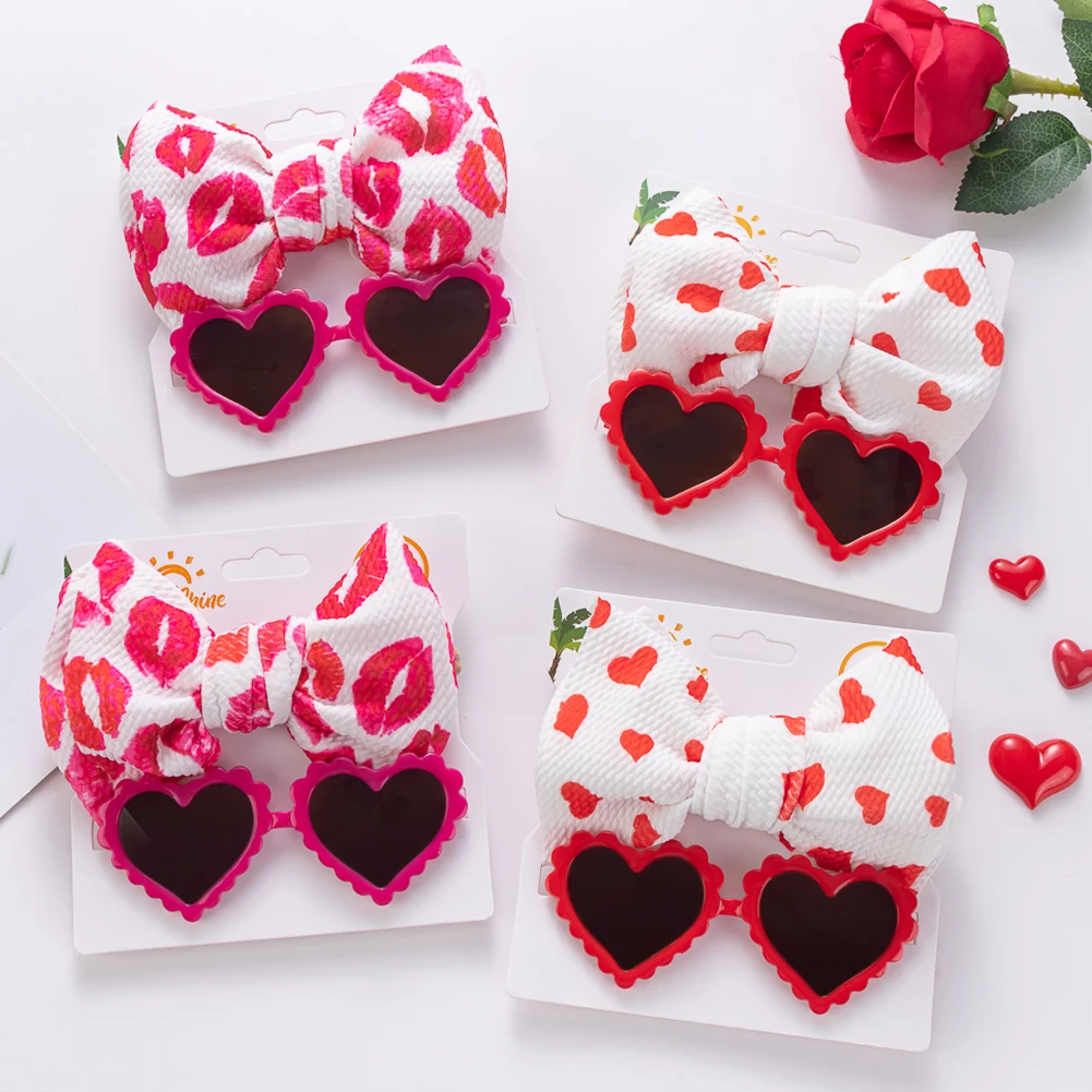 Summer 2Pcs Heart Shape Red Baby Sunglasses with Big Hair Bows Swiss Dots Nylon Headband Set Retro Sun Glasses