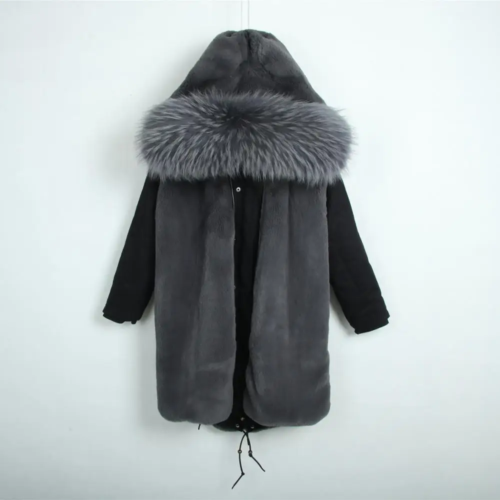 Черная длинная парка для женщин и мужчин зимняя куртка из искусственного меха с воротником натурального енота