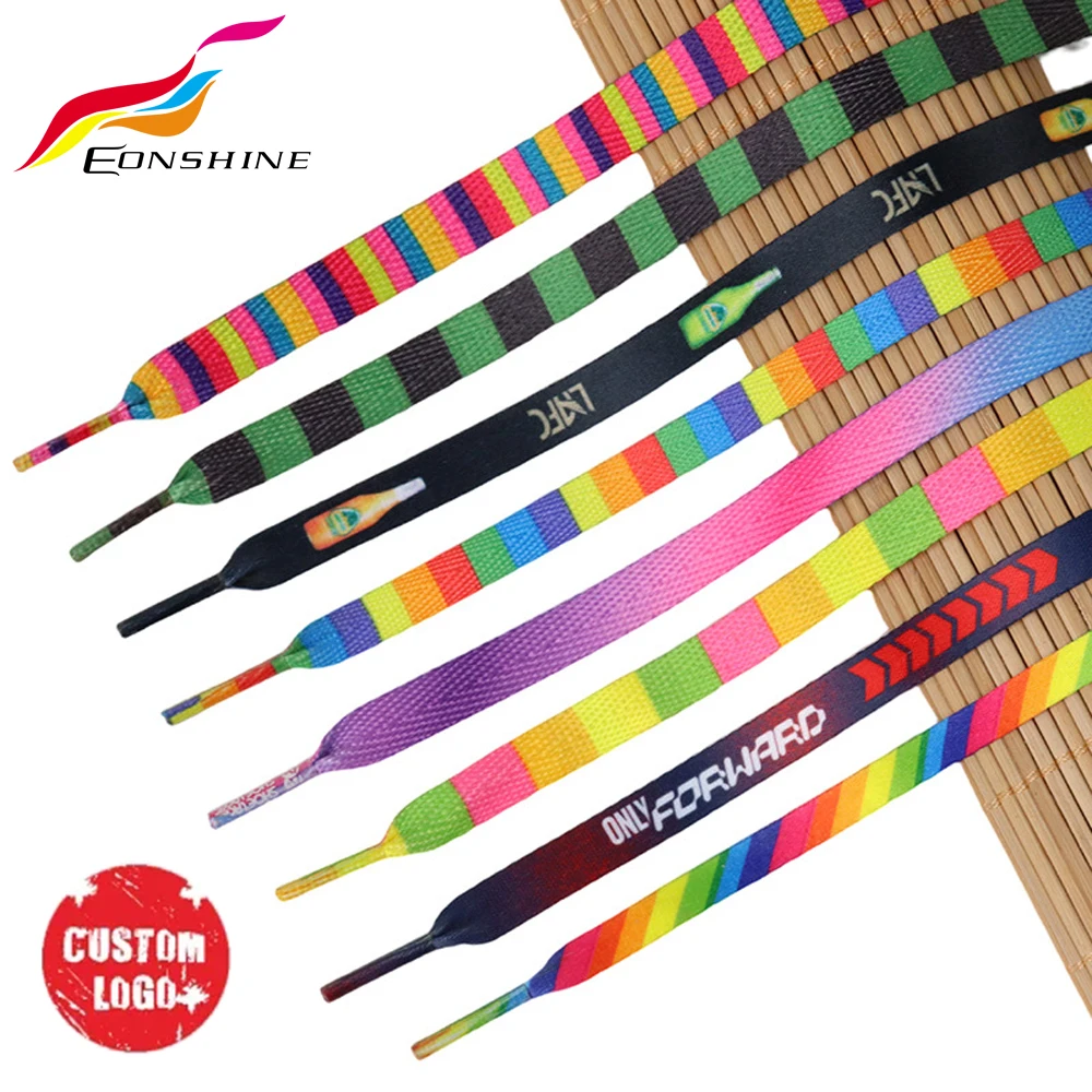 Custom Design Shoe Laces Flat 8mm Shoe Strings Fashion Casual Polyester Shoelaces with White Aglets