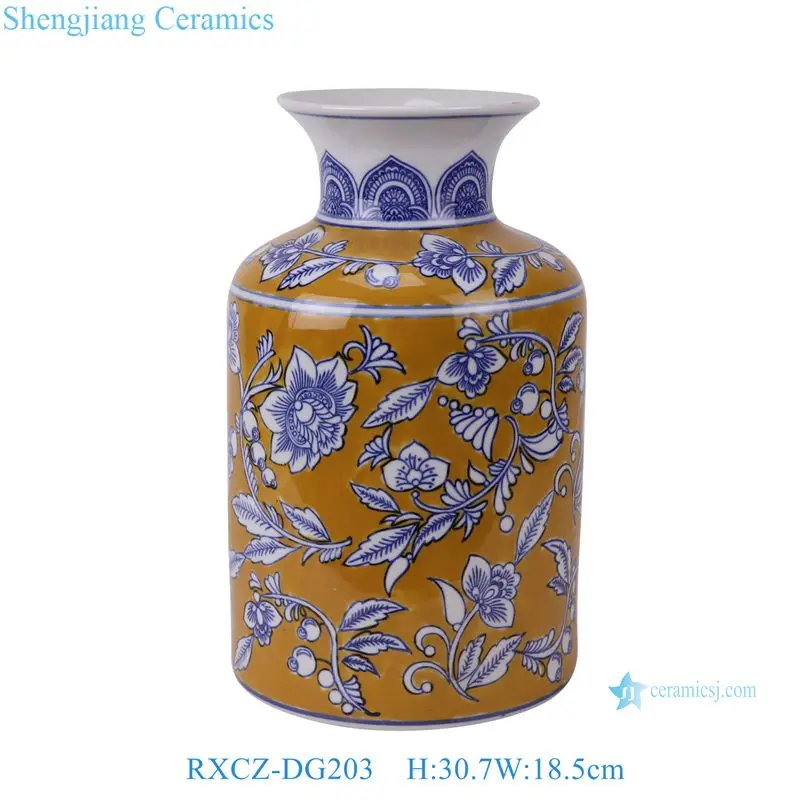 RXCZ-DG103-DG203-DG303 Dark Yellow Glazed blue and white leaf pattern Ceramic straight tube bottle flower vase decoration