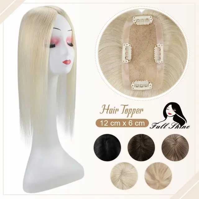 Full Shine High Quality Topper Hair Womens #60 Platinum Blonde 12*6cm Silk Hair Topper Blonde