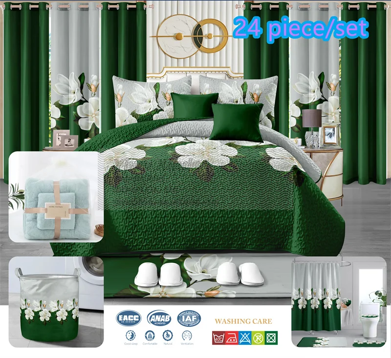 New Stock 24 Pieces Bedding Set king Size Christmas Red Green Home Decoration Bed Sheet Bedding Set 24 Pieces with Curtains