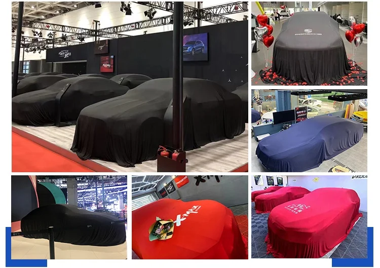 Factory wholesale dustproof breathable super soft customized size logo smooth fabric silk stretch car exhibition reveal cover