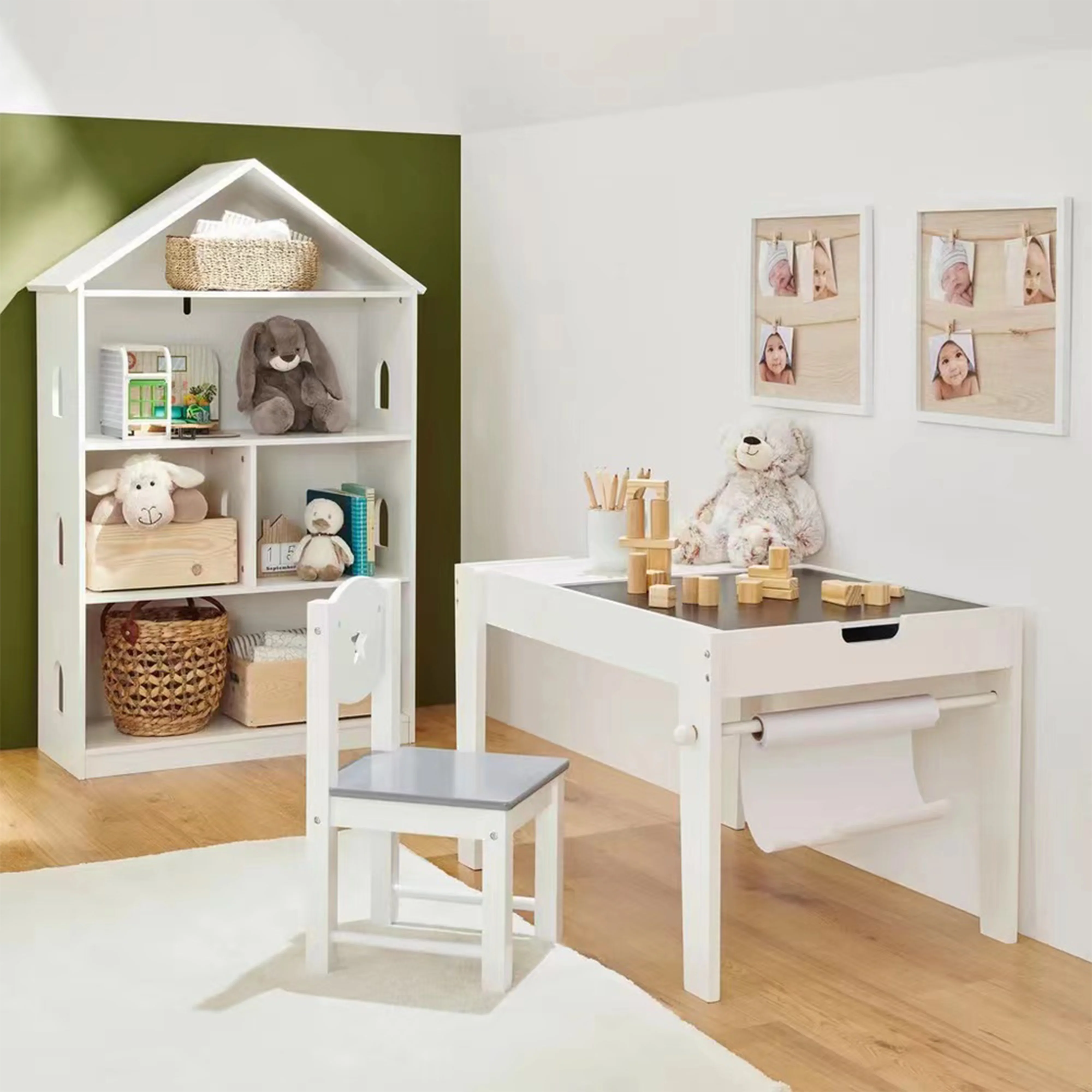 Kids Wooden House Book Shelf Bookcase Storage Rack Display Shelving Unit Wood Children Books Games Toys Baby Furniture