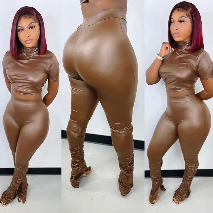 2025 Spring Autumn Sexy Pu Leather Outfits Long Sleeve Slim Tops Stacked Legging Pants Leather 2 Piece Set Women