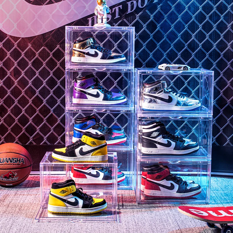 Clear Acrylic stackable Magnetic shoe storage box side open plastic wholesale transparent custom with