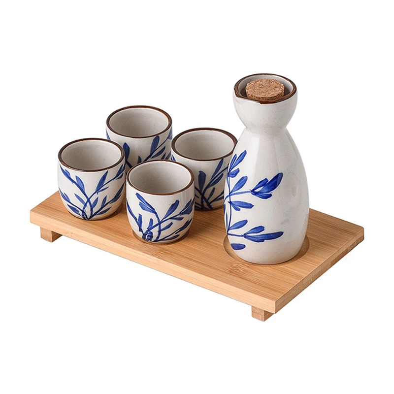 Japanese Style Handmade Blue and White Seigaiha Pattern Ceramic Sake Set Wine Gift Cup