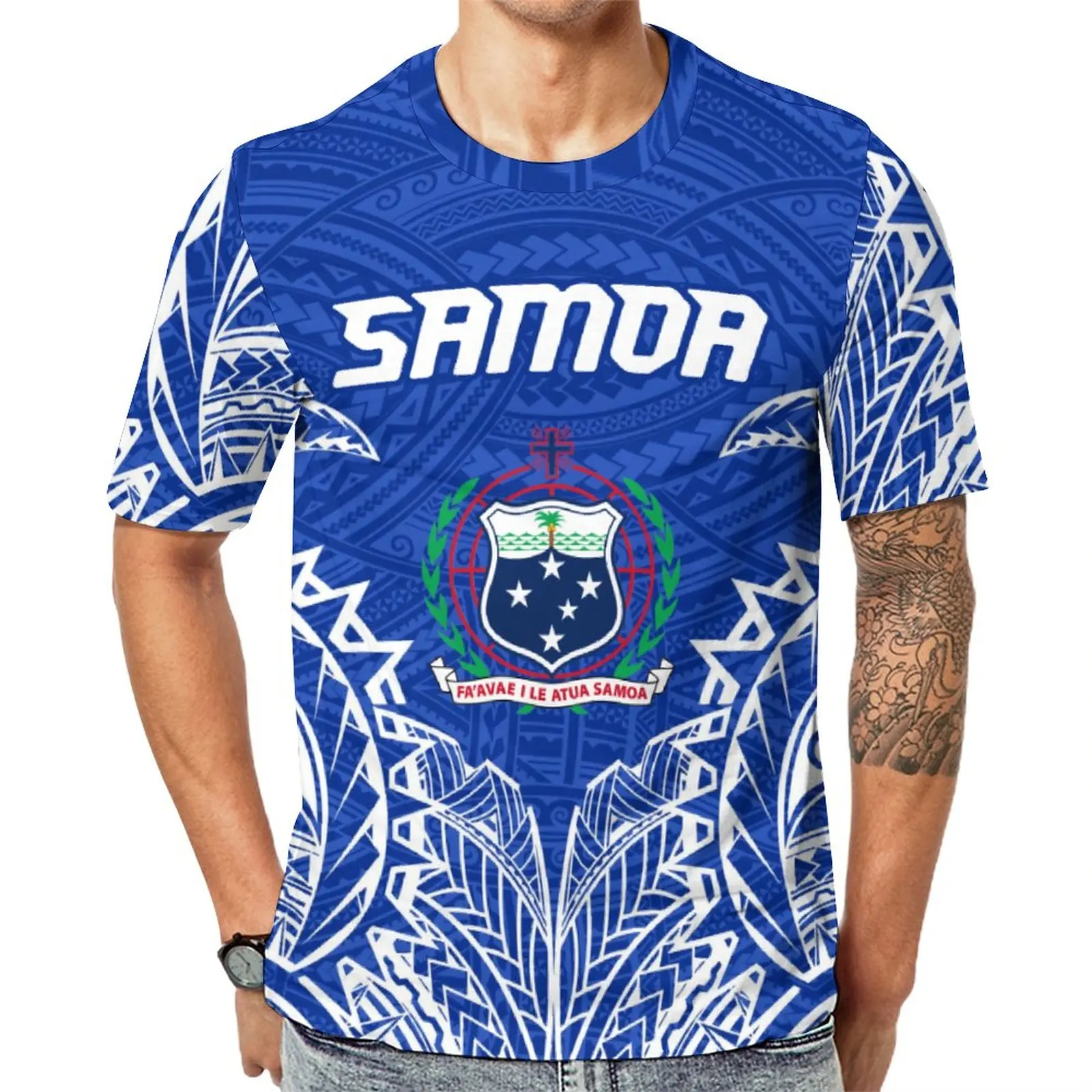 Toa Samoa T Shirts Custom Logo Blue And White T-shirts Polynesian Tribal Top Quality Short Sleeve Round Neck Blank Men Tee