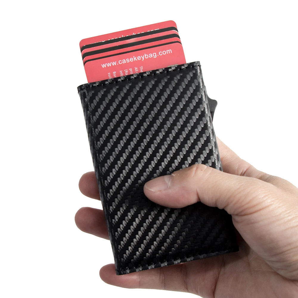 Slim Metal Aluminum Credit Card Case ID Card Slot Magnetic Strip Closure Tri-fold PU Carbon Fiber Leather Wallet POP Up Wallet