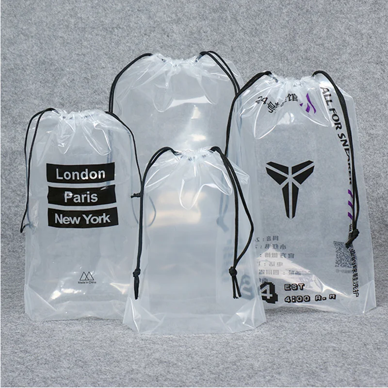 Custom Logo Printing Transparent Frosted Smooth PE Plastic Drawstring Backpack Draw String Pouch Gift Packaging Drawstring Bag